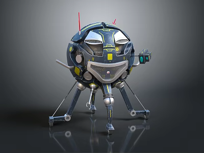 Futuristic Spherical Robot Design With Mechanical Legs Antenna Yellow Details And Metallic Finish 3d model