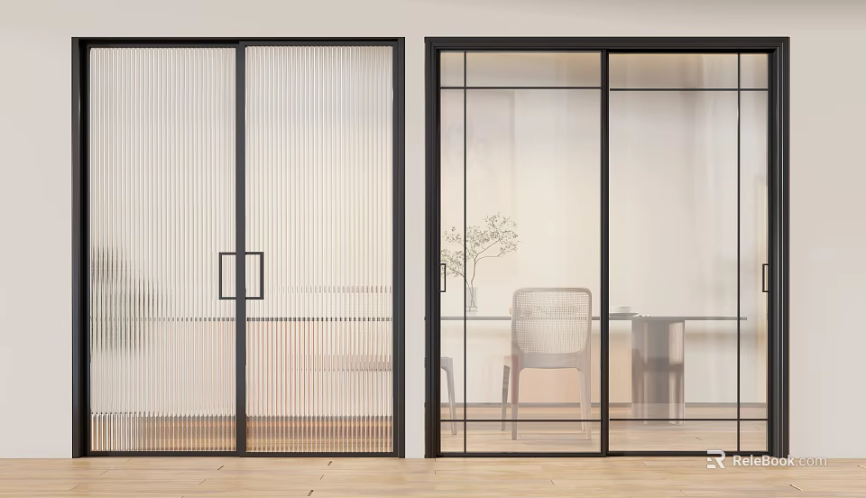 Sliding Doors With Black Frames Ribbed Glass And Grid Design In Modern Interior Space 3d model
