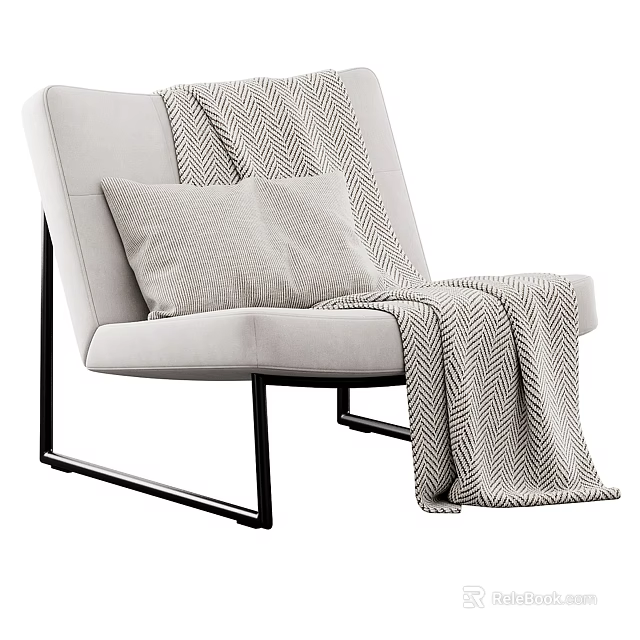 Light Colored Modern Accent Chair with Soft Pillow Striped Blanket and Black Metal Legs 3d model 