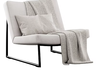 Light Colored Modern Accent Chair with Soft Pillow Striped Blanket and Black Metal Legs 3d model