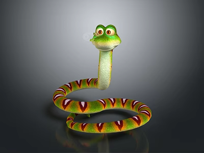 Cartoon Style Reptile Snake With Green Head And Red Yellow Striped Body On Gray Background 3d model