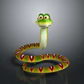 Cartoon Style Reptile Snake With Green Head And Red Yellow Striped Body On Gray Background
