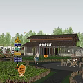 Scenic Garden Landscape With Wooden Cabin Green Plants Stone Path Signposts And Outdoor Tables