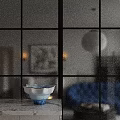 Blue Sofa Coffee Table Combination With Blue Bowl Black Grid Window And Wall Painting