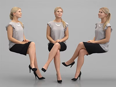 Three Women In Gray Tops And Black Skirts Sitting With High Heels In Different Poses 3d model
