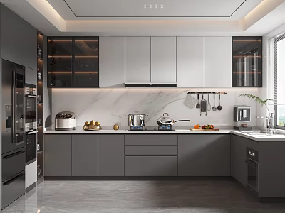 Modern Kitchen Interior With Gray Cabinets Marble Countertop Glass Cabinet Doors And Appliances 3d model