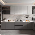 Modern Kitchen Interior With Gray Cabinets Marble Countertop Glass Cabinet Doors And Appliances