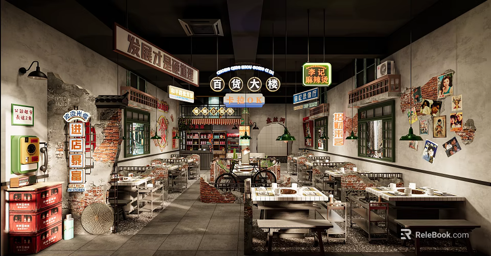 Vintage Hot Pot Restaurant Interior With Neon Signs Brick Walls Dining Tables And Chairs 3d model 