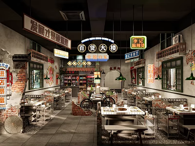 Vintage Hot Pot Restaurant Interior With Neon Signs Brick Walls Dining Tables And Chairs 3d model