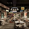 Vintage Hot Pot Restaurant Interior With Neon Signs Brick Walls Dining Tables And Chairs