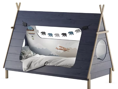 Teepee Shaped Wooden Kids Bed With Animal Prints Airplane And Window Design 3d model
