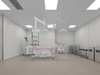 Modern Operating Room Interior With Pink Surgical Bed Lamps And Medical Equipment 3d model