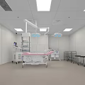 Modern Operating Room Interior With Pink Surgical Bed Lamps And Medical Equipment
