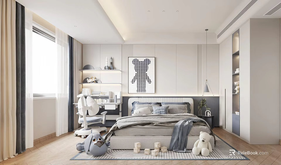 Modern Minimalist Kids Room Interior With Cozy Bed Study Desk Stuffed Toys And Wall Art 3d model 