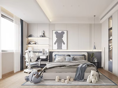 Modern Minimalist Kids Room Interior With Cozy Bed Study Desk Stuffed Toys And Wall Art 3d model