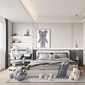Modern Minimalist Kids Room Interior With Cozy Bed Study Desk Stuffed Toys And Wall Art