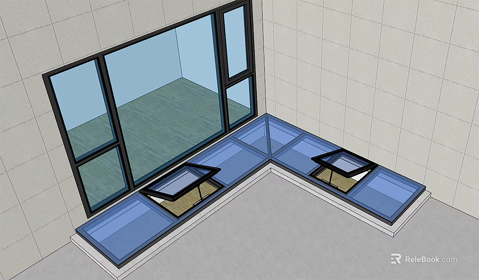 Detached Villa Indoor Corner With Large Windows Wooden Flooring And Glass Skylights 3d model 