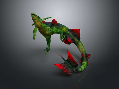 Game Movie Mythical Creature Character with Green Body Red Fins and Long Tail Design 3d model
