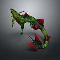 Game Movie Mythical Creature Character with Green Body Red Fins and Long Tail Design