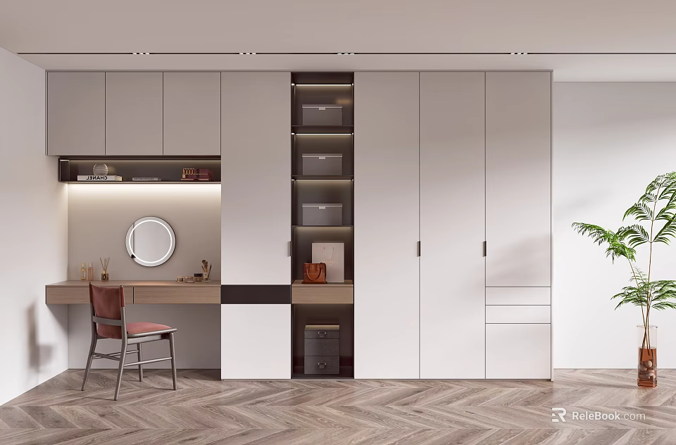 Modern Wardrobe Interior Design With Dressing Table Open Storage Shelves And Drawers 3d model