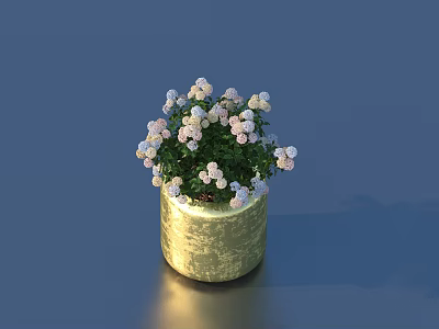 Bonsai Potted Plant With White Pink Flowers Green Leaves And Golden Textured Pot 3d model