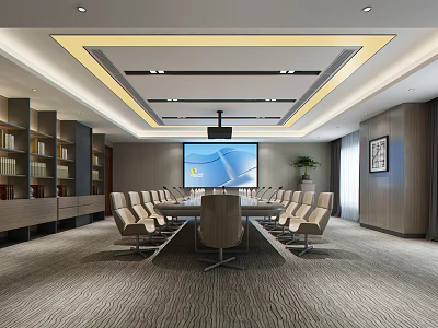 Modern Conference Room Interior Design With Large Table Projection Screen Chairs And Bookshelves 3d model
