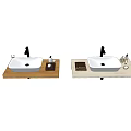 Two White Washbasins On Wooden Countertop With Black Faucets And Toiletries