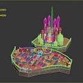 Ancient Castle Detailed Architectural Design With Tall Spire Towers And Red Courtyard Layout