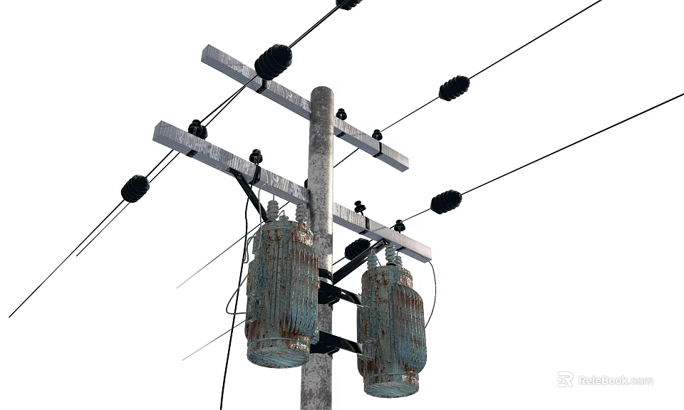 Outdoor Roadside Electrical Utility Pole With Power Lines And Rustic Transformers 3d model 
