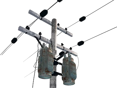 Outdoor Roadside Electrical Utility Pole With Power Lines And Rustic Transformers 3d model