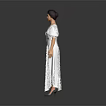 White Long Dress With Puffed Sleeves And Ruched Waist For Elegant Feminine Look