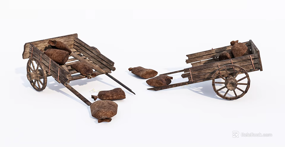 Rustic Wooden Carts With Brown Sacks Scattered Around On White Background 3d model