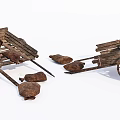 Rustic Wooden Carts With Brown Sacks Scattered Around On White Background 3d model