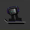 3D Robot Character Wearing Purple Headphones And Green Eyes Sitting On Skateboard
