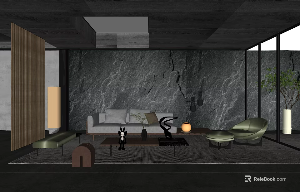 Modern Living Room Interior Design With Marble Wall Sofa Coffee Table And Accent Chair 3d model 