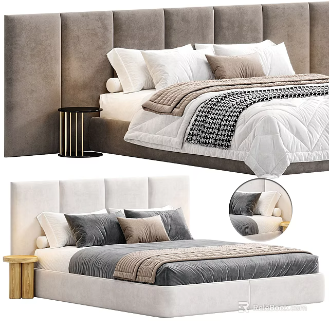 Modern Double Bed Interior With Comfortable Pillows Soft Blanket And Bedside Table 3d model 