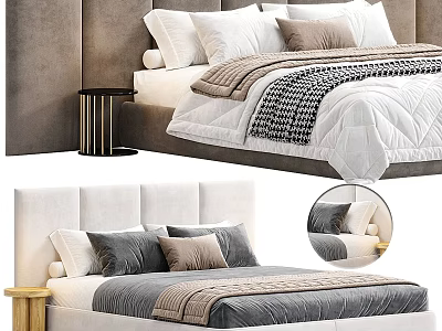 Modern Double Bed Interior With Comfortable Pillows Soft Blanket And Bedside Table 3d model