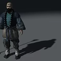 Game Movie Character Bald Head Beard In Blue Dark Outfit Green Beads And Long Weapon