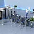 Public Facility Security Check Area With Elevator And Passengers Carrying Luggage 3d model