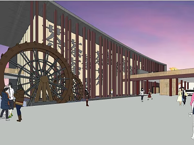 Museum Building With Wooden Structure Large Wheel Decorations And Pedestrians In Evening Sky 3d model