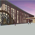 Museum Building With Wooden Structure Large Wheel Decorations And Pedestrians In Evening Sky