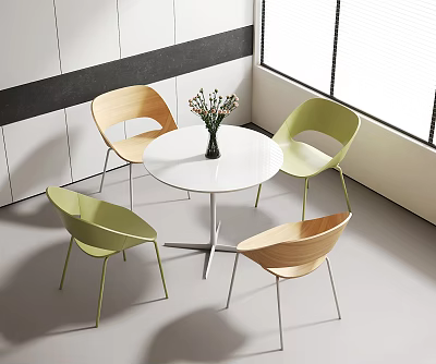 Modern White Round Table with Light Green Wood Chairs and Vase Flowers Indoor Set 3d model