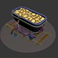 Mining Train Cart Loaded With Ore On Wooden Rail Tracks And Tools