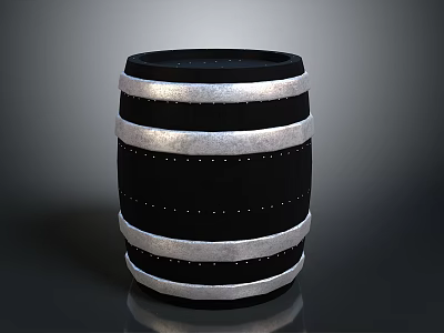 Cylindrical Black Wooden Barrel With Silver Metal Hoops And Riveted Design 3d model