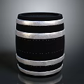 Cylindrical Black Wooden Barrel With Silver Metal Hoops And Riveted Design