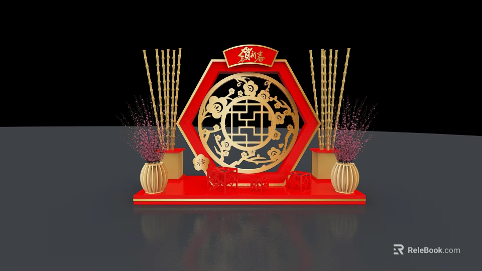 Traditional Chinese Festive Decoration With Hexagonal Red Frame And Golden Fortune Design 3d model 