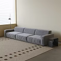 Elegant Gray Three-Seater Sofa With Black Side Table Patterned Rug And Window Blinds 3d model