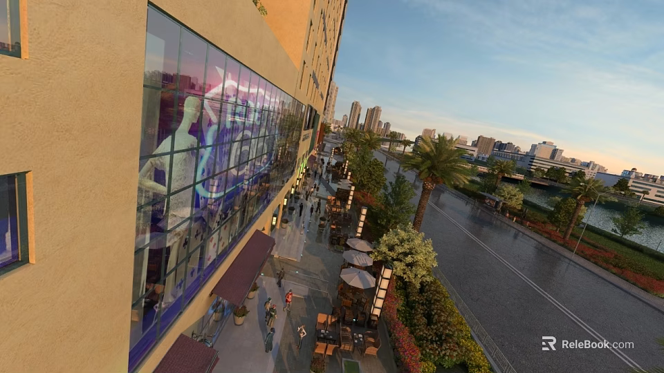 Modern Commercial Street With Glass Facades Pedestrians Outdoor Seating And Urban Skyline 3d model 