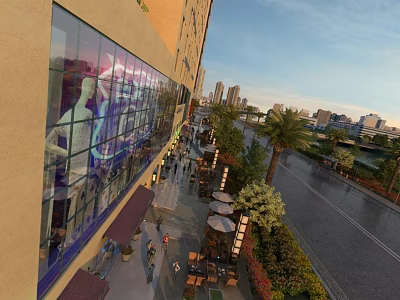 Modern Commercial Street With Glass Facades Pedestrians Outdoor Seating And Urban Skyline 3d model