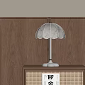 Patterned White Table Lamp With Brown Base On Wooden Nightstand Against Wooden Wall